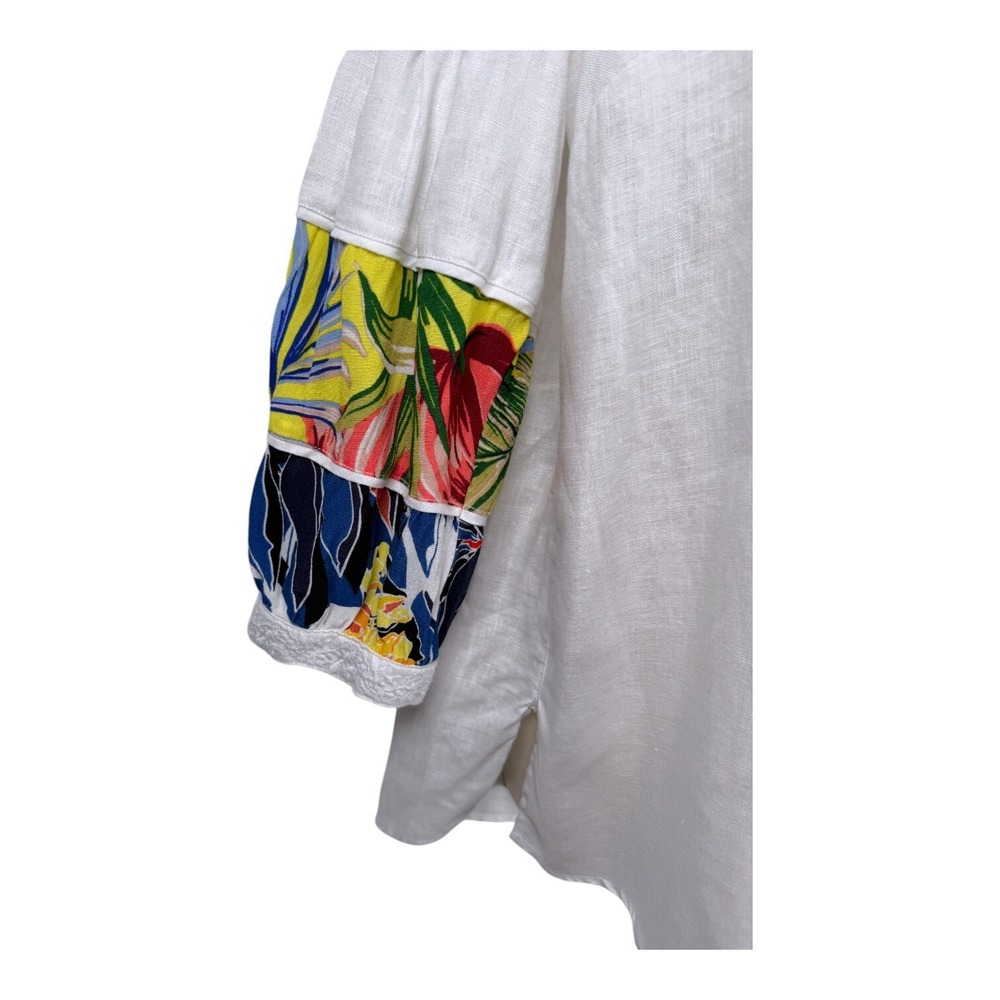 John Mark Linen Top Womens Medium White Tropical Floral 3/4 Sleeve Beach Summer - Picture 4 of 11